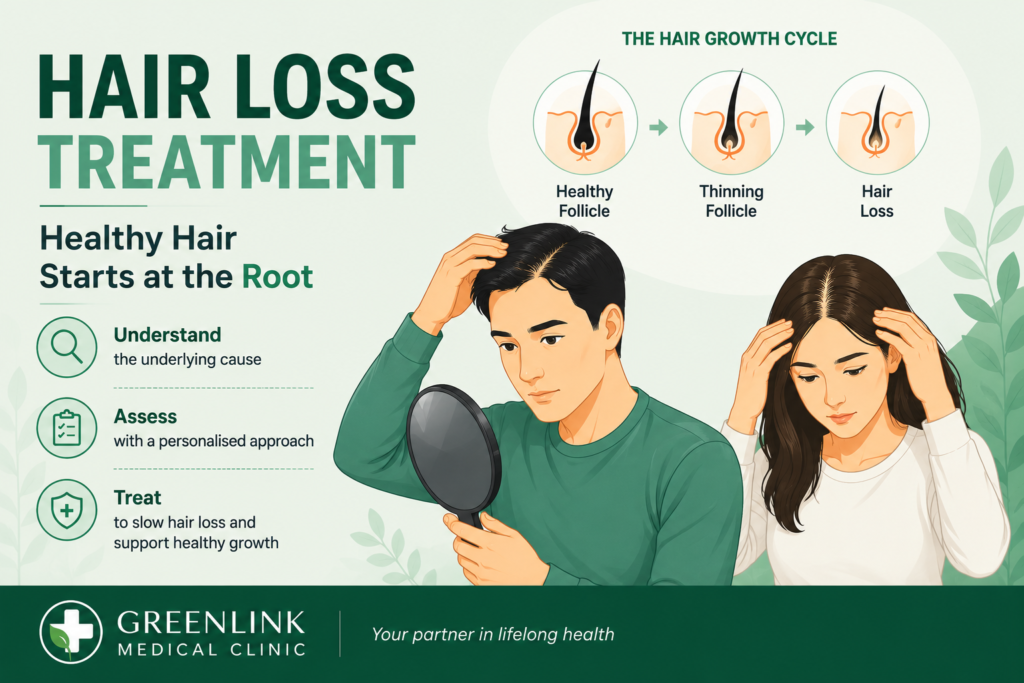 Illustration of a man and woman concerned about hair loss during a consultation about personalised hair loss treatment at GreenLink Medical Clinic in Khatib, Yishun.