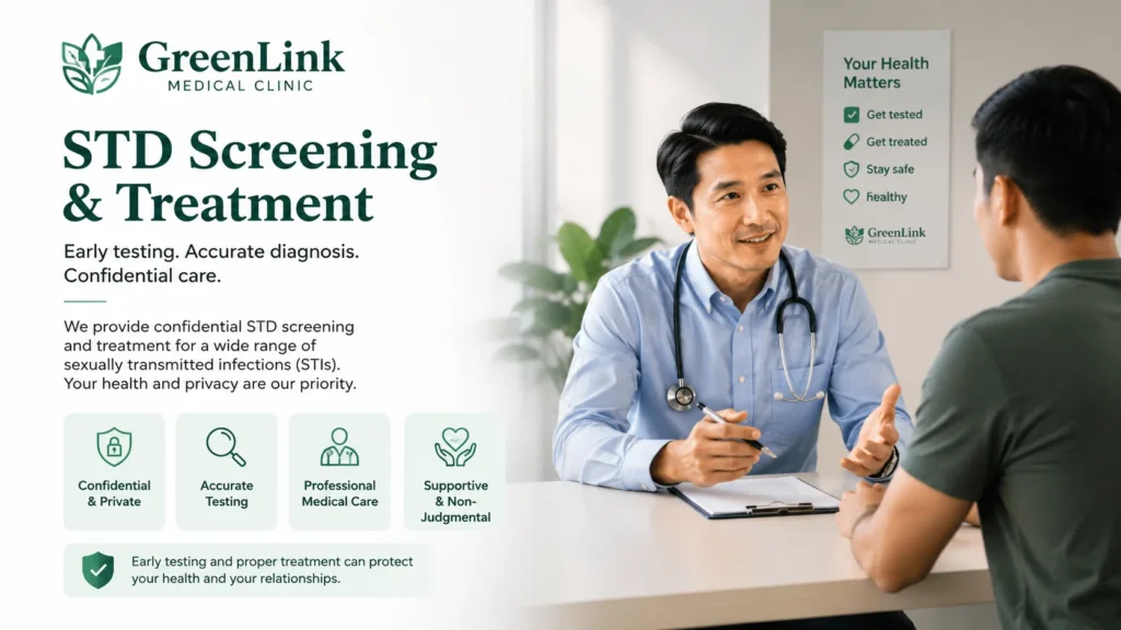 STD Tests & Treatment Doctor providing a confidential STD screening and treatment consultation with a patient at GreenLink Medical Clinic in Khatib, Singapore.