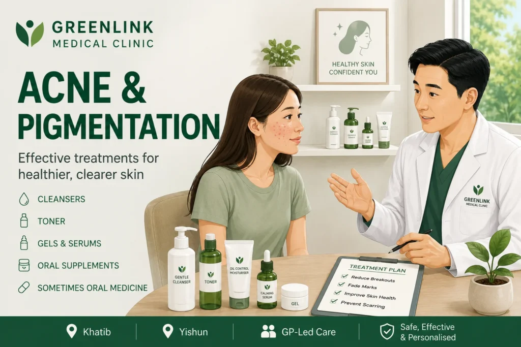 Acne & Pimples Male GP consulting a young woman with acne about personalised acne treatment at GreenLink Medical Clinic in Khatib, Yishun.
