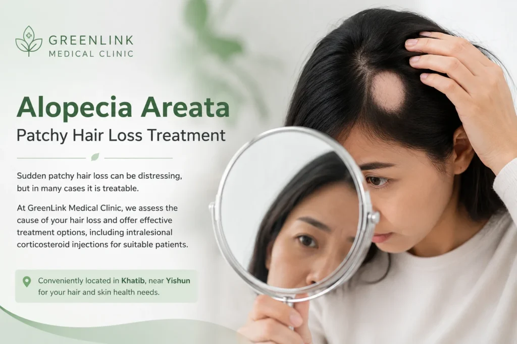 Woman looking into a mirror showing a round patch of hair loss caused by alopecia areata, illustrating patchy hair loss treatment at GreenLink Medical Clinic in Khatib, Yishun.