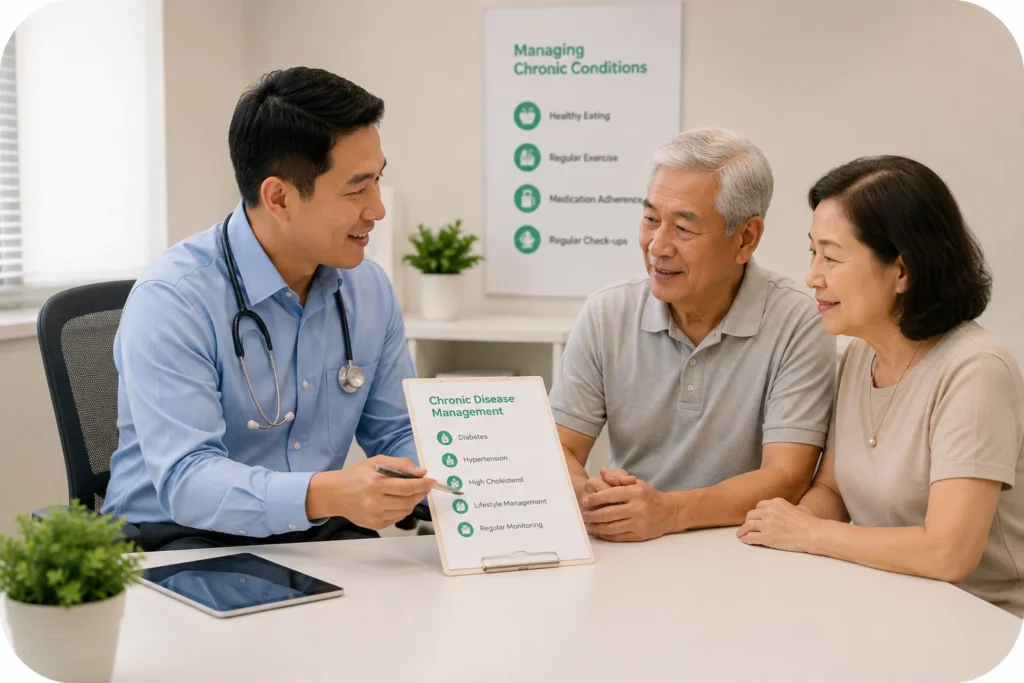 Home Doctor reviewing chronic disease management with a patient at GreenLink Medical Clinic in Khatib, Yishun.