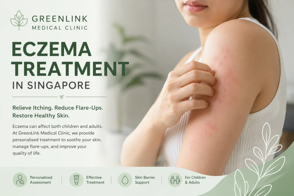 Eczema Person with eczema on the upper arm receiving medical eczema treatment information from GreenLink Medical Clinic in Khatib, Yishun.