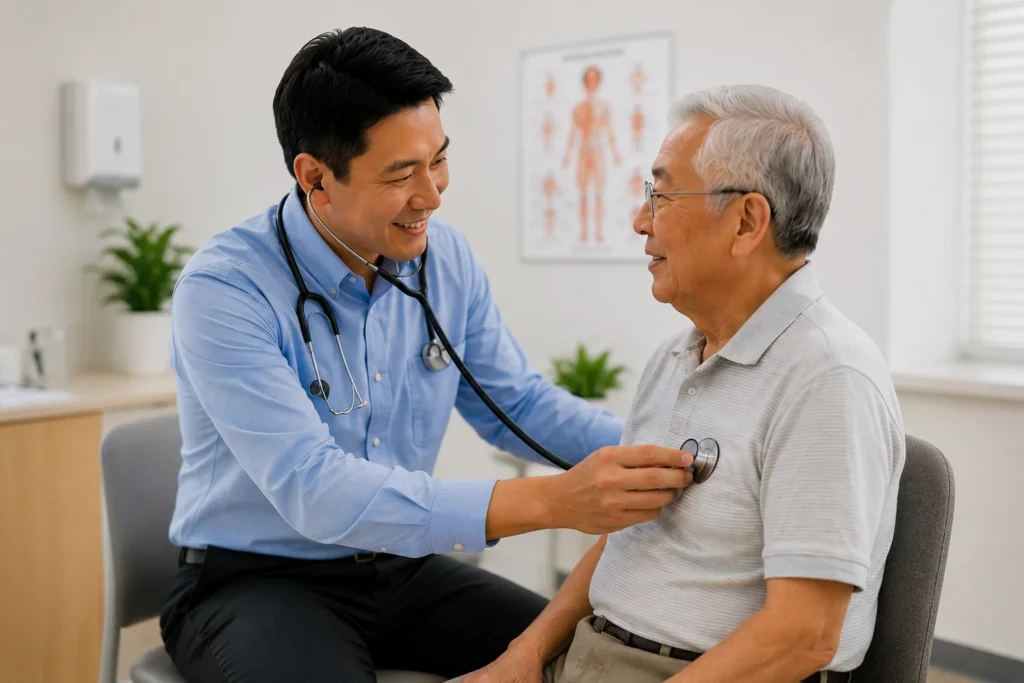 Family doctor examining an elderly patient during a consultation at GreenLink Medical Clinic in Khatib, Yishun.