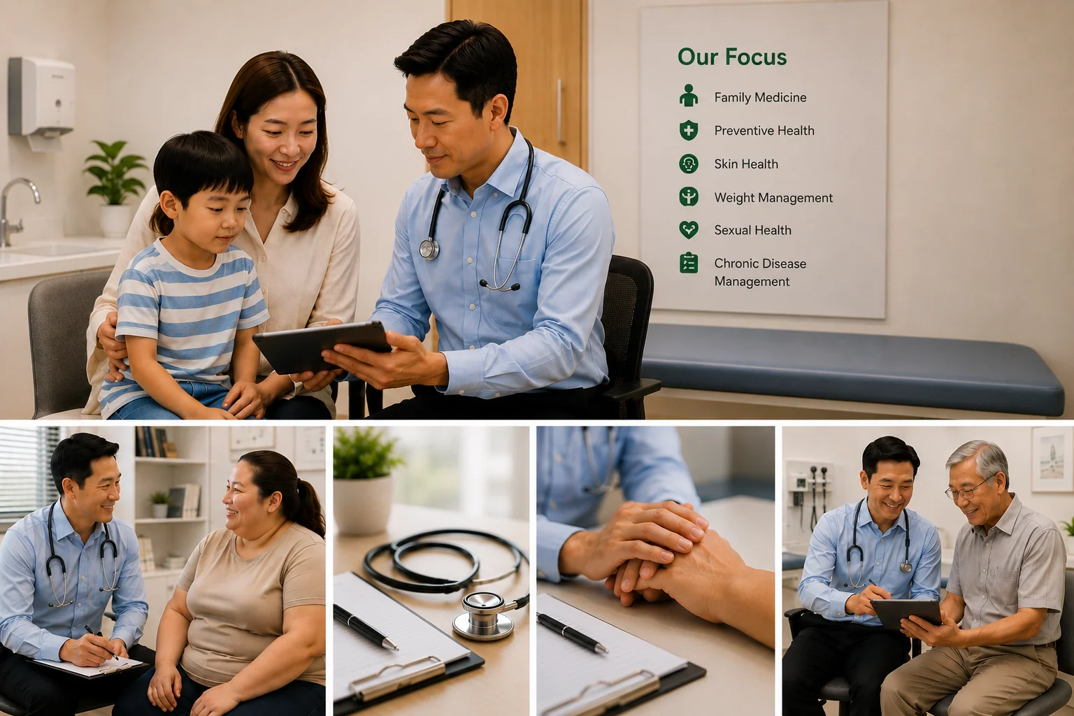 Home Doctor consulting adults and children during family medicine consultations at GreenLink Medical Clinic in Khatib, Yishun.