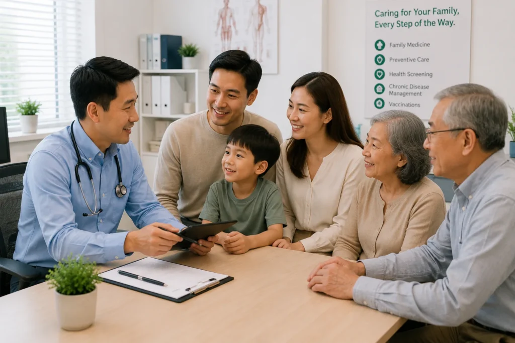 Home Doctor providing comprehensive family medicine consultation for patients of different ages at GreenLink Medical Clinic in Khatib, Yishun.