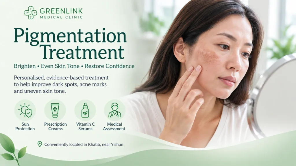 Woman with facial pigmentation on her cheek learning about pigmentation treatment at GreenLink Medical Clinic in Khatib, Yishun.
