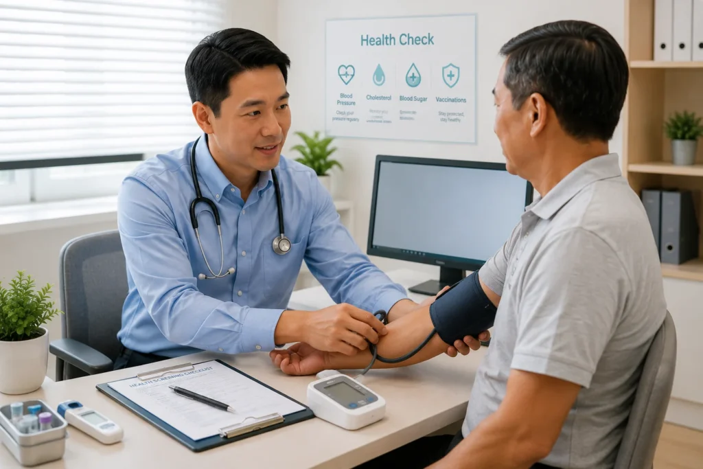 Home Doctor discussing preventive healthcare and health screening with a patient at GreenLink Medical Clinic in Khatib, Yishun.