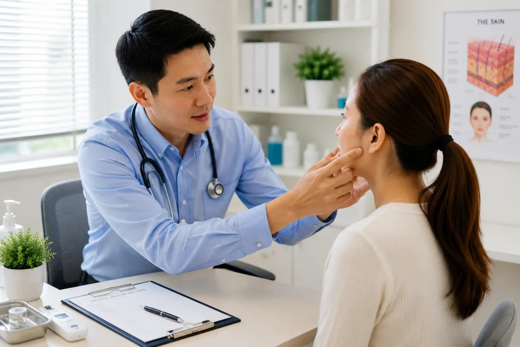 Home Doctor consulting a patient about skin and dermatology conditions at GreenLink Medical Clinic in Khatib, Yishun.