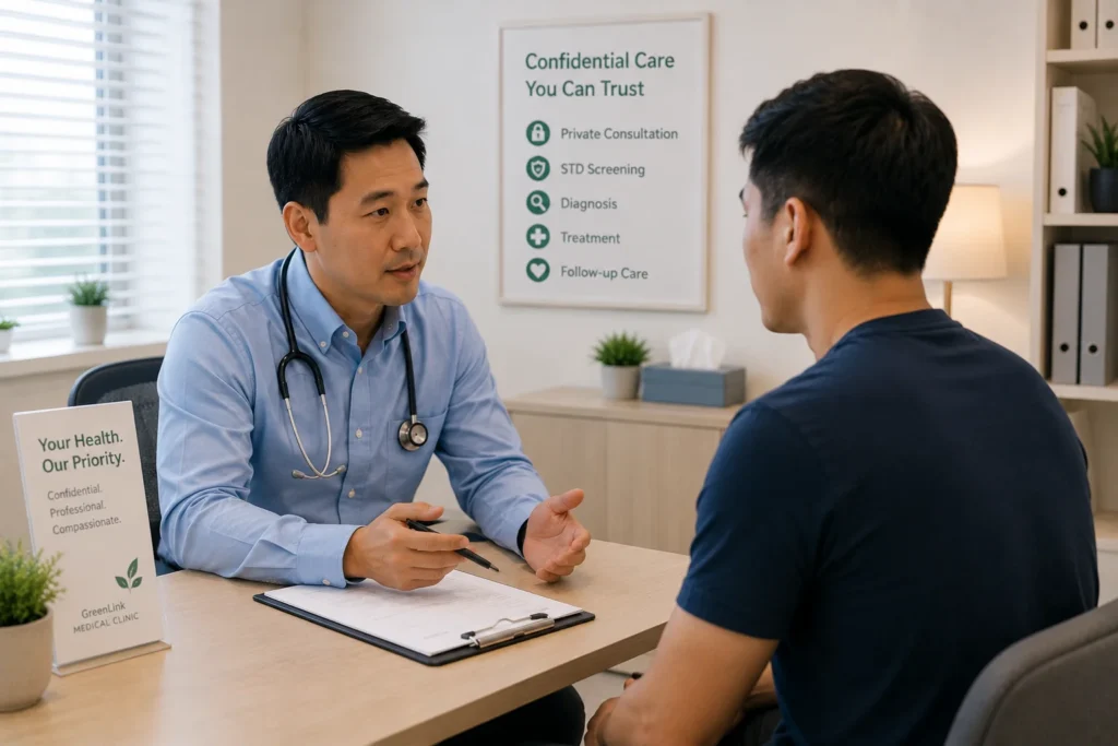 Home Doctor providing confidential STD testing and treatment consultation at GreenLink Medical Clinic in Khatib, Yishun.