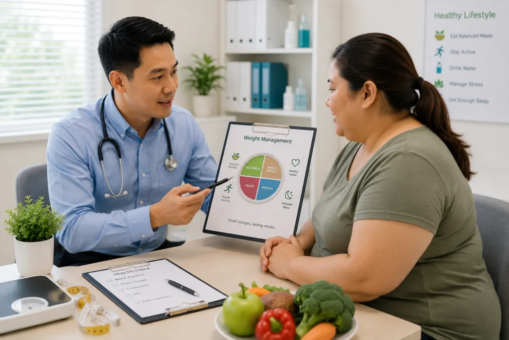 Home Doctor discussing personalised weight management options with a patient at GreenLink Medical Clinic in Khatib, Yishun.
