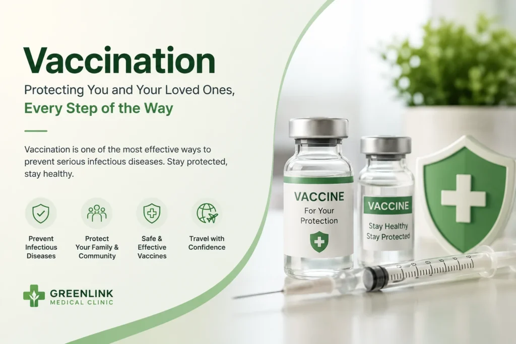 Vaccination services at GreenLink Medical Clinic in Khatib, providing influenza, pneumococcal, shingles, RSV, travel and adult vaccinations for patients in Yishun and North Singapore.