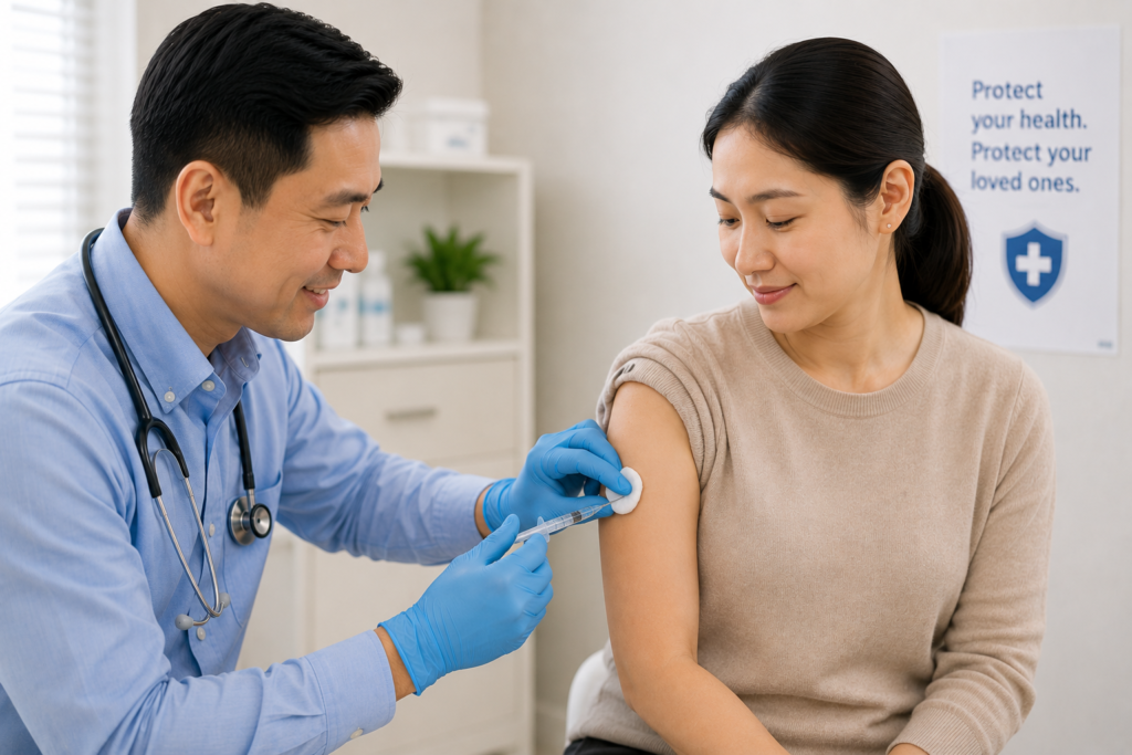 Doctor administering a vaccination to an adult patient at GreenLink Medical Clinic.