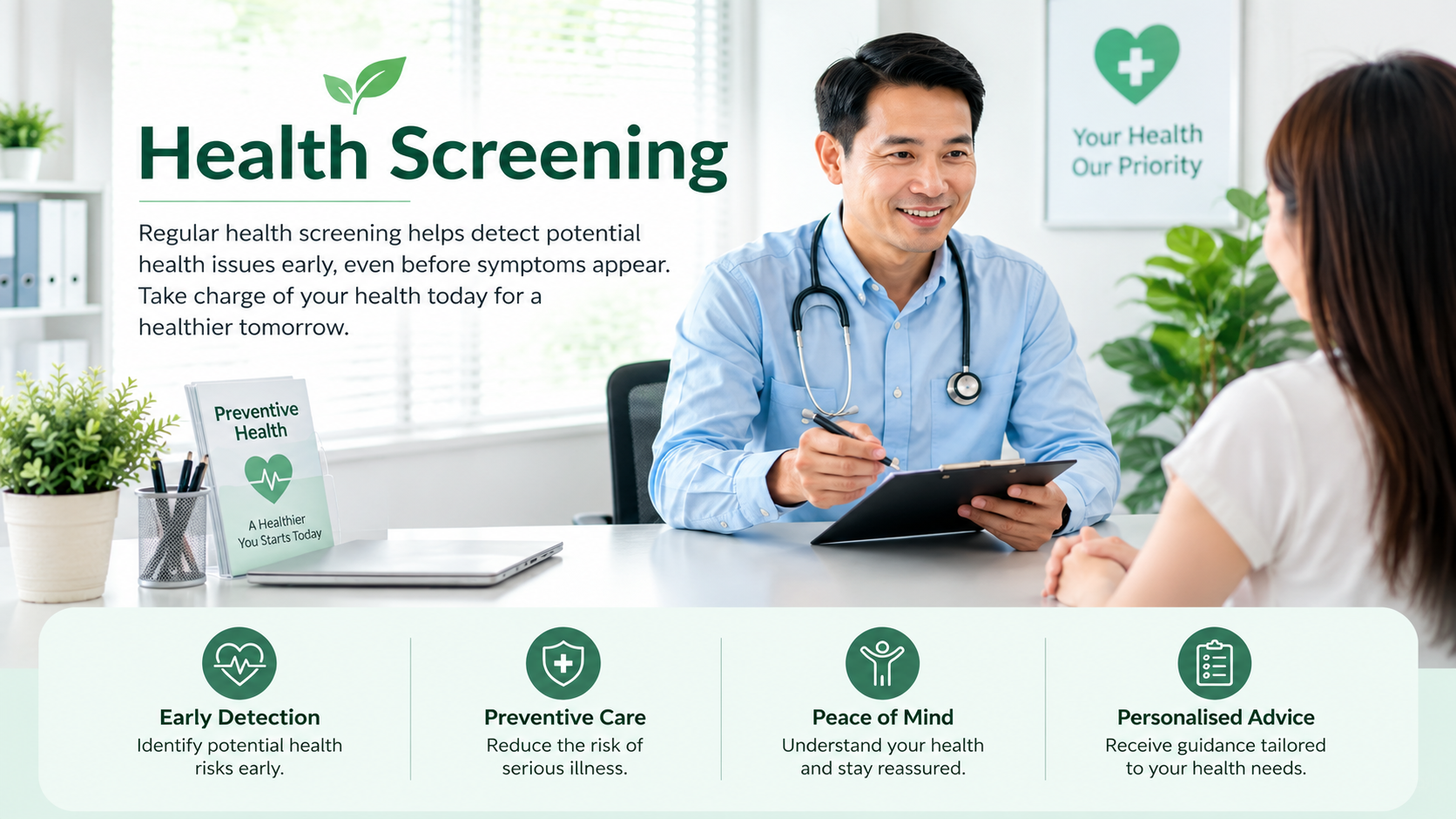 Doctor discussing preventive health screening and blood tests with a patient during a consultation at GreenLink Medical Clinic in Khatib, Singapore.