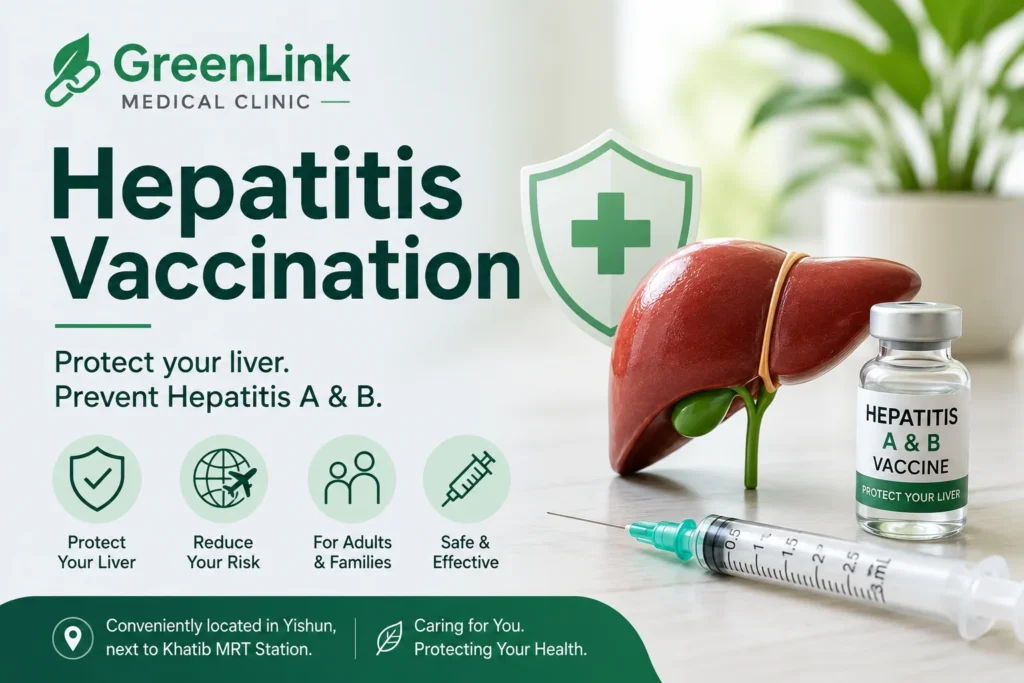 Doctor discussing Hepatitis A and Hepatitis B vaccination with vaccine and liver illustration at GreenLink Medical Clinic in Khatib, Yishun, Singapore.