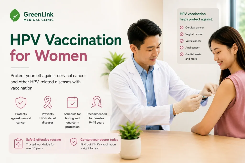 Doctor administering an HPV vaccination to a woman at GreenLink Medical Clinic in Khatib, Yishun, Singapore.