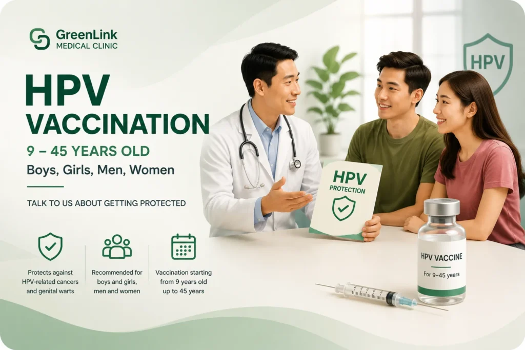 HPV Vaccination Doctor discussing HPV vaccination with a young man and woman at GreenLink Medical Clinic in Khatib, Yishun, Singapore.