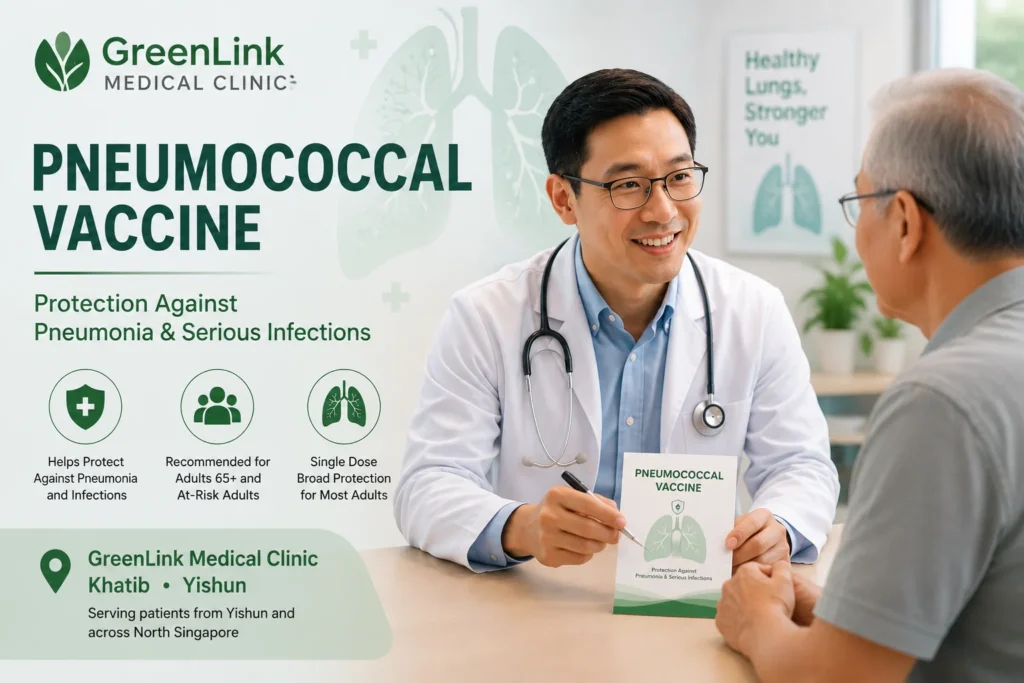 Doctor discussing the pneumococcal vaccine with an older adult at GreenLink Medical Clinic in Khatib, Yishun, Singapore.
