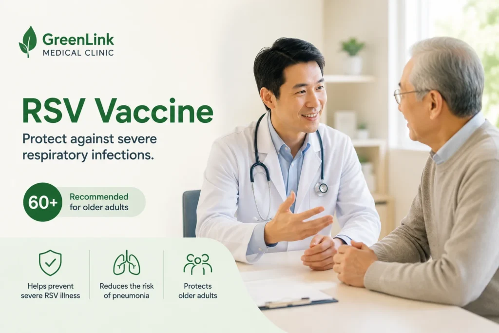 Doctor discussing the Respiratory Syncytial Virus (RSV) vaccine with an older adult at GreenLink Medical Clinic in Khatib, helping protect adults aged 60 years and above against severe RSV infection and pneumonia.