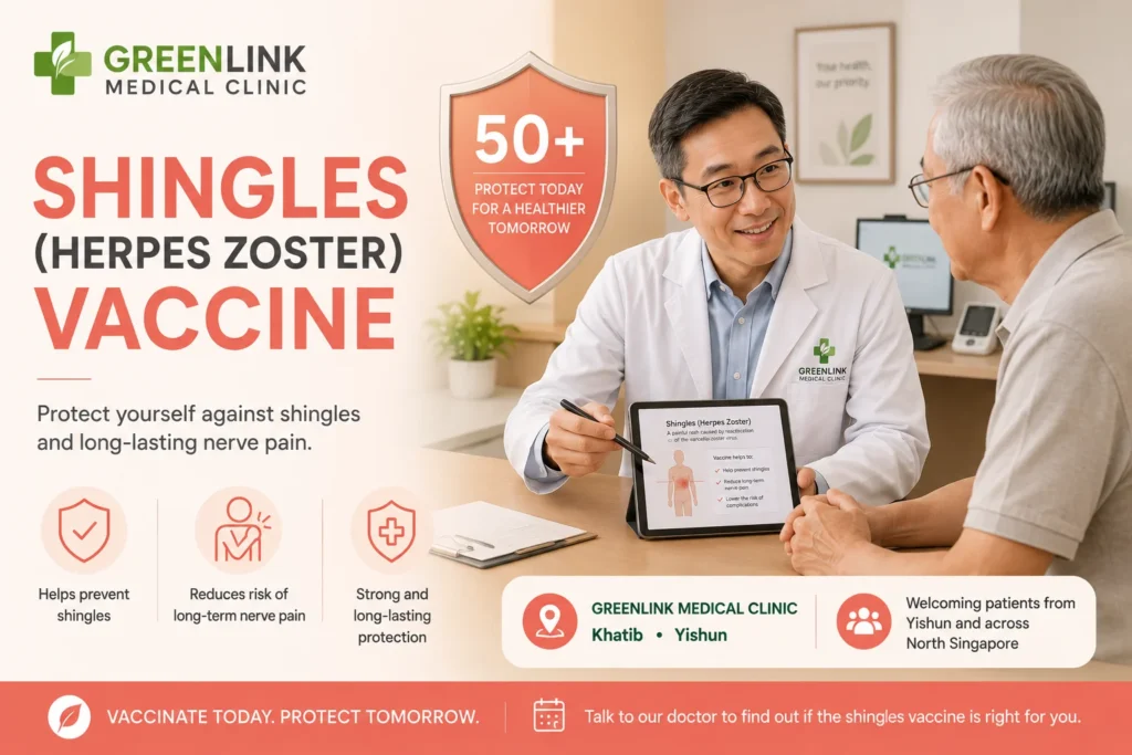 Doctor discussing the shingles (herpes zoster) vaccine with an older adult at GreenLink Medical Clinic in Khatib, helping protect adults aged 50 years and above against shingles and long-term nerve pain.