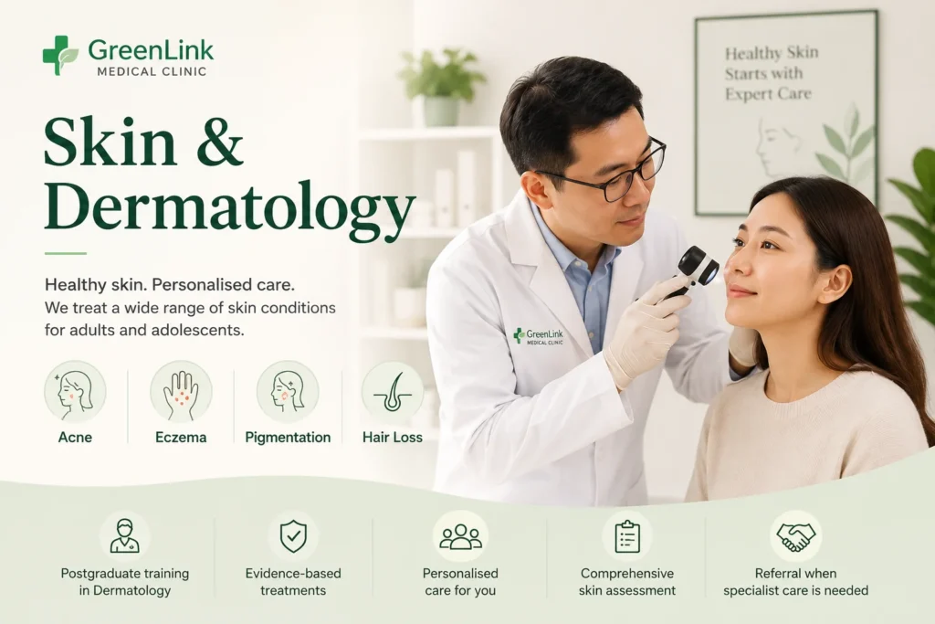 Doctor performing a skin examination on a patient at GreenLink Medical Clinic in Khatib, Yishun, Singapore.