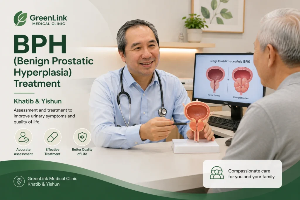 Dr Gideon Hong explaining benign prostatic hyperplasia (BPH) treatment using a prostate model at GreenLink Medical Clinic in Khatib, serving patients from Yishun.