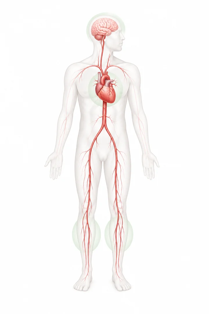 Medical illustration highlighting the brain, heart and leg arteries to show the organs commonly affected by high cholesterol and atherosclerosis.
