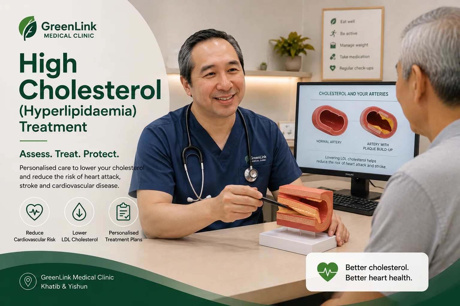 Dr Gideon Hong discussing high cholesterol treatment with a patient at GreenLink Medical Clinic in Khatib and Yishun using an artery model to explain cholesterol plaque and cardiovascular risk.