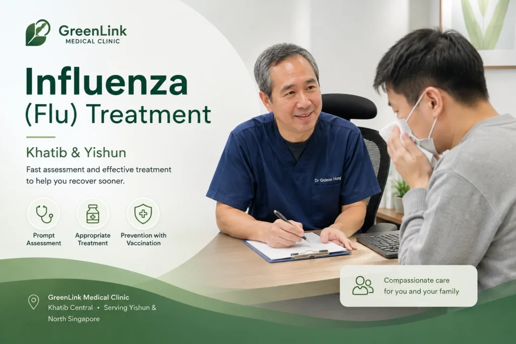 Doctor assessing a patient with influenza (flu) symptoms at GreenLink Medical Clinic in Khatib, Yishun, Singapore.