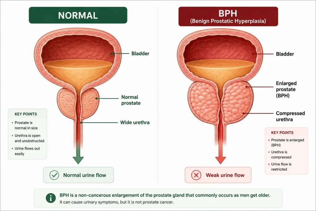 Illustration comparing a normal prostate with benign prostatic hyperplasia (BPH), showing how an enlarged prostate compresses the urethra and causes weak urine flow.