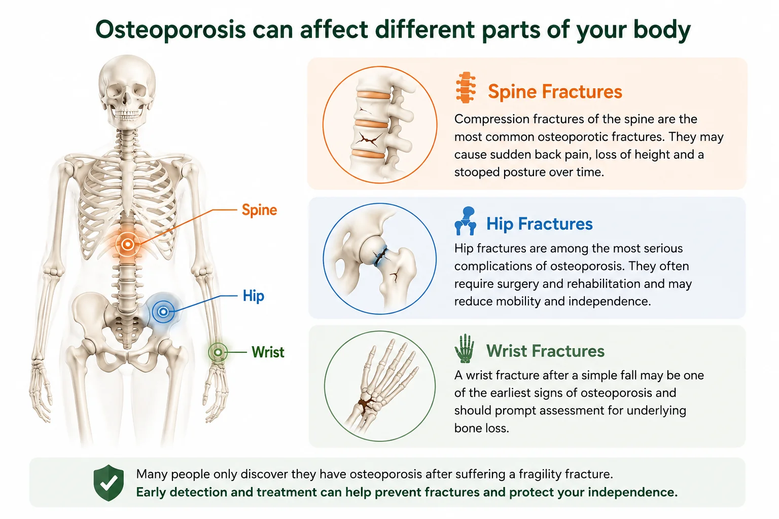 Medical illustration showing the common fracture sites affected by osteoporosis, including the spine, hip and wrist, with explanations of how osteoporosis increases fracture risk.